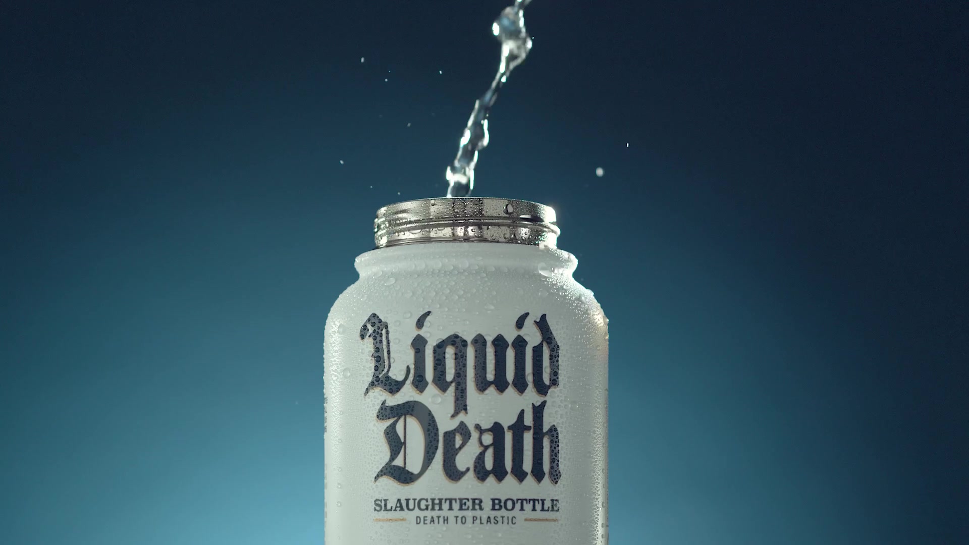Liquid Death can suspended above a stream of water