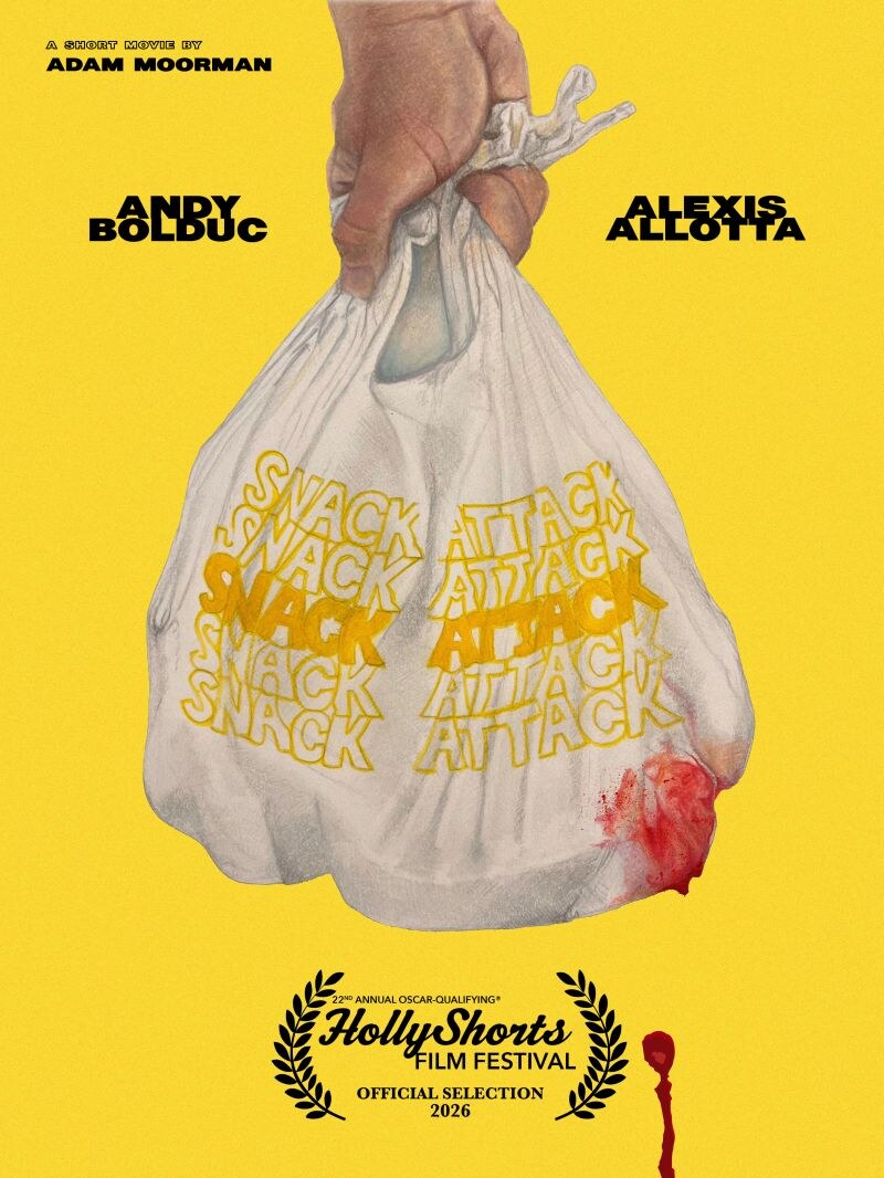 Yellow illustrated poster for the short film Snack Attack