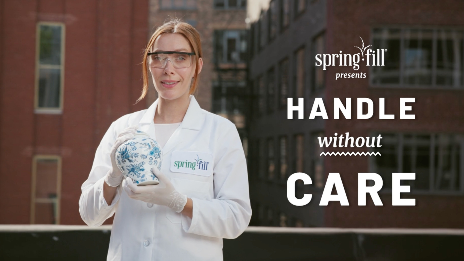 A lab technician demonstrating a protected package for Springfill